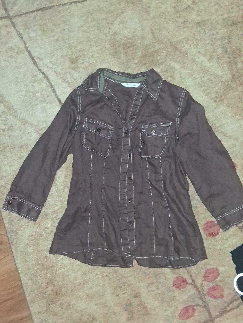 100% Linen Cambridge Dry Goods Brown Button-Down with White Contrast Stitching